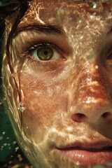 Woman's face submerged in water with sunlight reflections