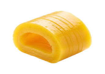 A vibrant, golden-yellow rolled confectionery, sliced to reveal a hollow interior, is presented against a striking black backdrop.