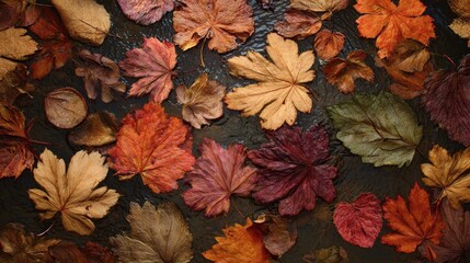 Autumn leaves floating on water surface in fall