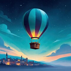 Colorful Hot Air Balloon Floating Over Scenic Village Night Scene