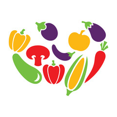 Heart shape formed by colorful cartoon vegetables on white background food healthy