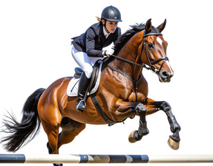 Fototapeta premium Front View of Jockey Riding Jumping Horse with Raised Forelegs, Transparent Background