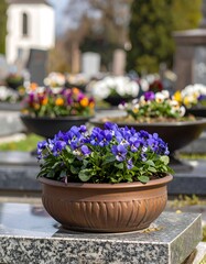 Colorful flowers in a planter at a cemetery