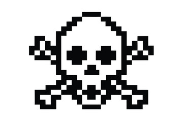 Fototapeta premium Pixel Art Skull and Crossbones, Black and White Icon on White Background,