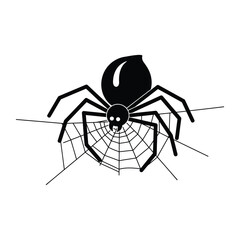 Black and white illustration of a spider with eight legs sitting on a web.