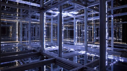 Abstract metal maze with mirrored walls