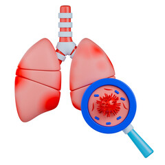 Pneumonia 3d illustration. Infection and inflammation in human lung shown with magnifying glass highlighting bacteria and virus.