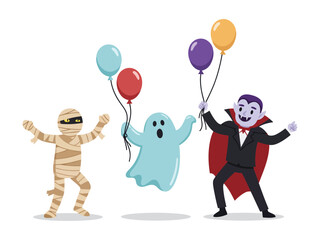Illustration of a mummy, ghost, and vampire celebrating with balloons, a Halloween theme.