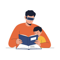 A man wearing smart glasses reads a book with a young boy, illustrating technology-assisted learning or storytelling.