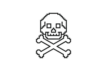 Pixel Art Skull with Crossbones on White Background, Detailed Icon Design