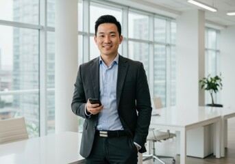 Professional asian businessman in a sharp suit holding a smartphone standing confidently near large windows with a city view