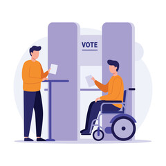 Illustration of two men at a polling station, with one in a wheelchair using an accessible voting booth.