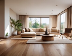Fototapeta premium luxury wooden flooring in modern living room interior with natural lighting and minimal furniture