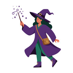 A young witch in a purple robe casts a spell with her wand.
