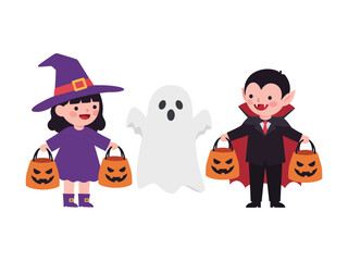 Children dressed as a witch and a vampire with a ghost, holding Halloween candy buckets.