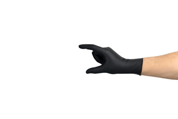 Hand wearing black glove pinching fingers together isolated on white background with clipping path.