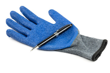 Blue protective glove with black pen isolated on white background with clipping path.