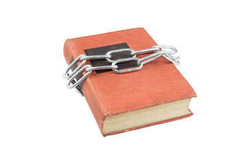 Orange hardcover book bound with metal chain isolated on white background with clipping path.