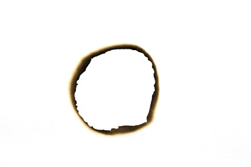 Burnt round hole on paper with dark edges isolated on white background with clipping path.