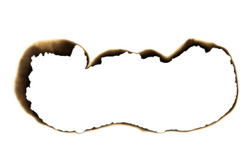 Burnt torn strip across paper with scorched edges isolated on white background with clipping path.
