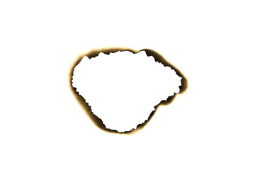 Burnt irregular hole in paper with dark edges isolated on white background with clipping path.