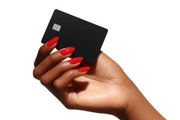 Elegant hand holding black credit card with red nail polish against a transparent background