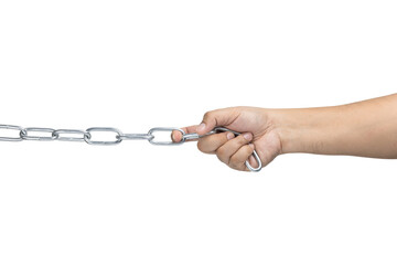 Hand pulling extended metal chain isolated on white background with clipping path.