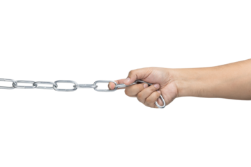 Hand pulling extended metal chain isolated on white background with clipping path.