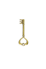 Slim brass antique key with heart-like loop isolated on white background with clipping path.