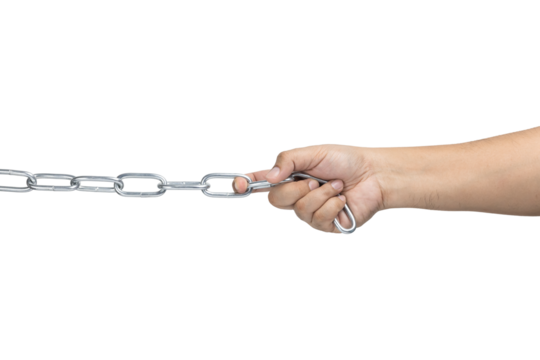 Hand pulling extended metal chain isolated on white background with clipping path.
