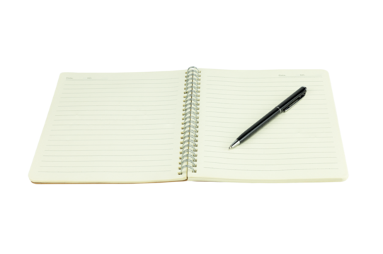 Open spiral notebook with blank lined pages and black pen isolated on white background with clipping path.