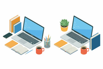 Isometric Workspace with Laptop Books and Coffee Illustration for Remote Work and Study Concepts for Blogs and Websites