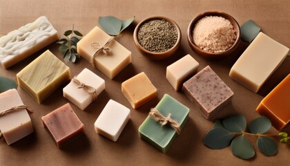 Diverse Variety Of Natural Soaps Arranged On A Table With Cork Background In Earthy Tones