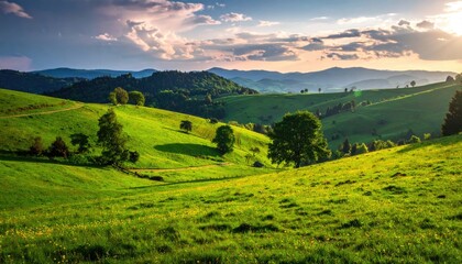 Scenic Green Hills with Blooming Flowers and Lush Trees Under a Bright Sky at Sunset