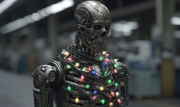 Metallic Cyborg Decked in Colorful Christmas Lights in a Blurred Industrial Setting