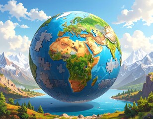 A stylized puzzle globe floats over a serene landscape