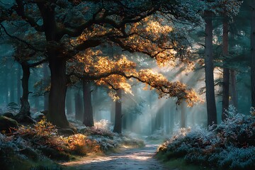 Autumn woodland path glowing with sunbeams high resolution photo