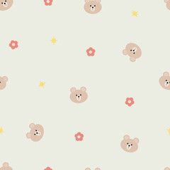 Seamless pattern cute bear head and flower. Childish cartoon wildlife animal background. Design for fabric, wrapping, textile, wallpaper, apparel, pajamas, card, wrapping, stationery, phone cases.