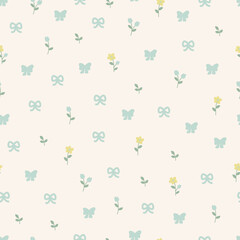 Cute floral seamless pattern with flowers and ribbon. Wildflower with bow vector illustration in spring or summer. Elegant template for fabric, wallpaper, stationery, wrapping, card, and phone cases.