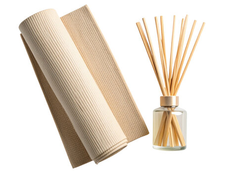 Minimalist Top-Down View of Rolled Beige Yoga Mat with Reed Diffuser on White, Transparent PNG