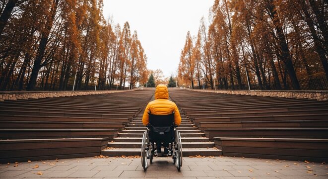 Person in a wheelchair facing a grand staircase in an autumn park, symbolizing challenges and choices