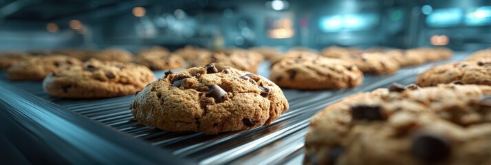 Cookies cooling on a conveyor belt in a bakery with bright lighting during a busy afternoon shift