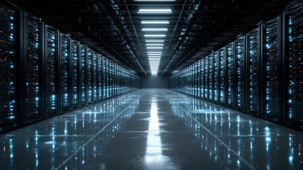Fototapeta premium Data Center Server Room with Glowing Lights and Reflection