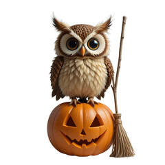 Obraz premium Whimsical Halloween Owl Perched on a Carved Pumpkin with a Broom, Perfect for Festive Designs and Celebrations