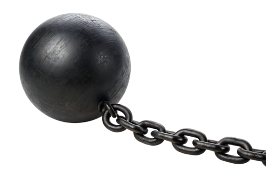 Old iron ball and chain isolated on transparent background