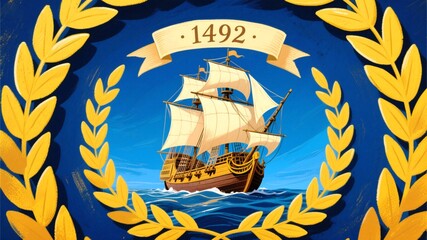 Columbus Day Majestic 1492 galleon sailing across vibrant blue ocean waves, framed by golden laurel leaves, evoking discovery and historical exploration