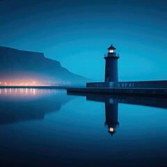 Fototapeta premium Lighthouse at Night Mountain Coastline Calm Water Reflection in Blue Tone