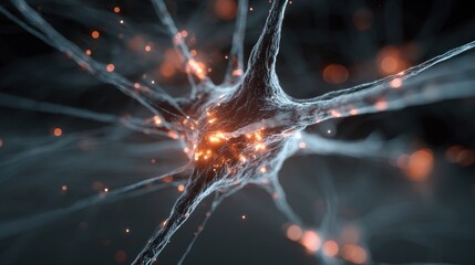 Detailed 3D Rendering of a Neuron with Glowing Synaptic Connections and Energy Sparks