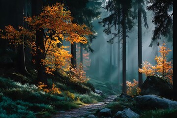 Beautiful foggy forest leading to cottage high resolution photos