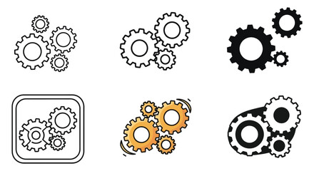 Vector art of collection of gear icons in various styles, representing mechanics, engineering, and technological processes